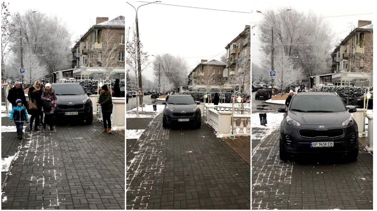 В Запорожье заметили "богиню" парковки, преградившую тротуар внедорожником ради похода в кафе (ФОТО)